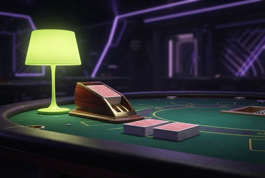 Illustration: Kartenschuh und Karten auf dem Filz — das Live-Casino