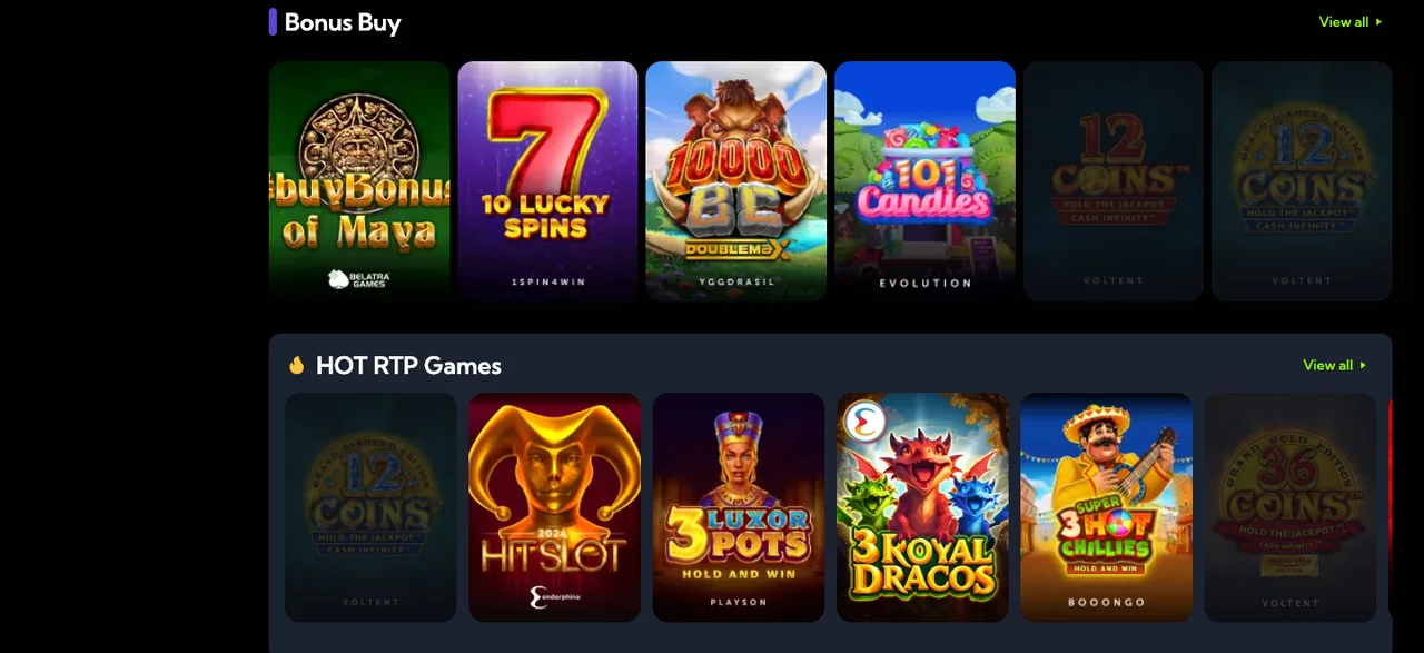 Reihen „Bonus Buy“ und „Hot RTP Games“ in der LuckyBoom-Lobby
