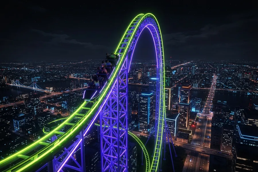 Illustration: Neon-Achterbahn — Crash- und Sofortspiele